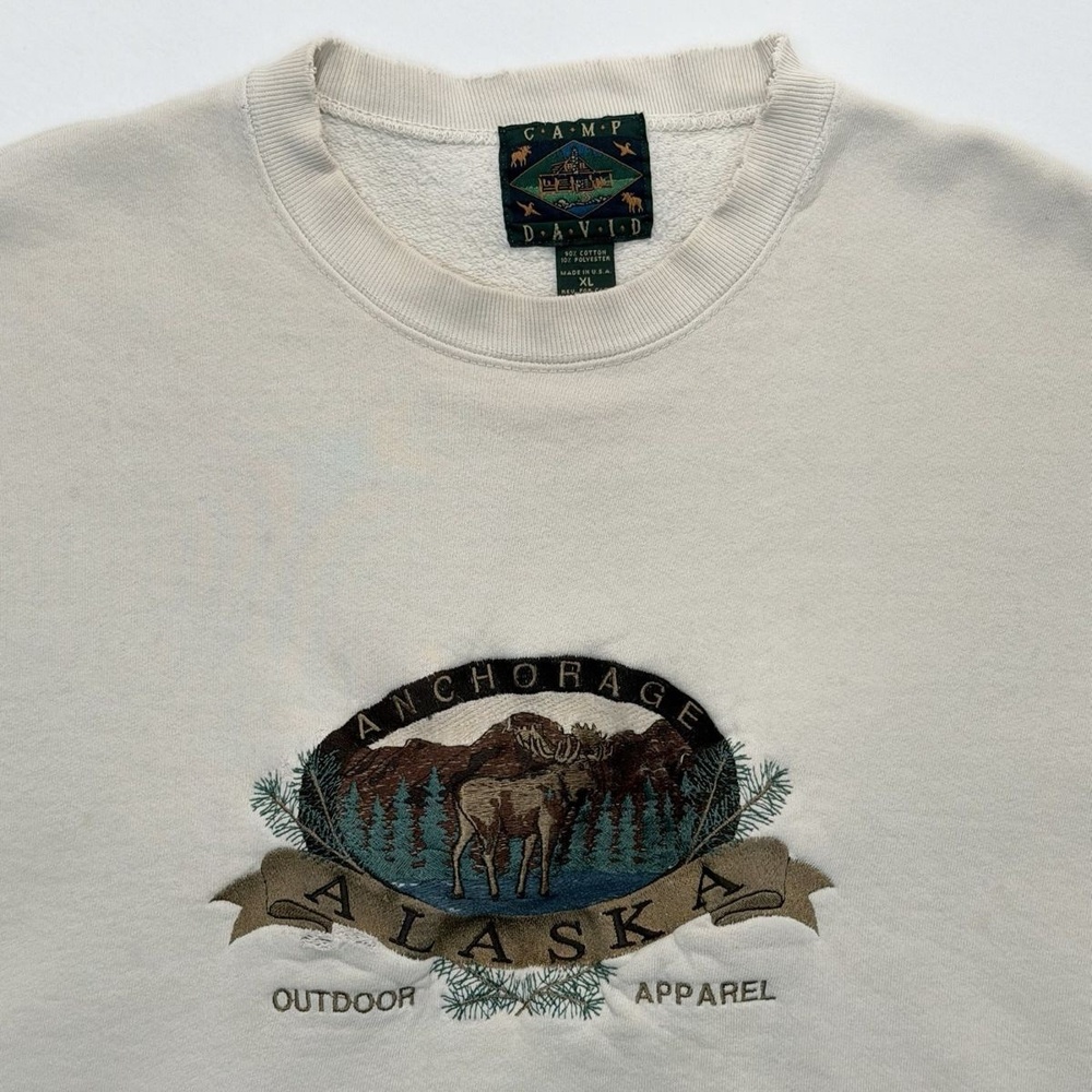 Vintage 90s Camp David Anchorage Alaska Sweatshirt Sz XL Cream Embroidered USA